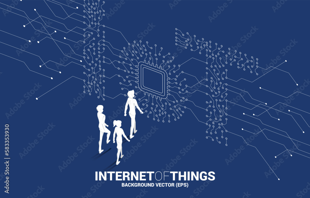 Poster Silhouette of businessman and businesswoman walking with CPU processor on center of IoT wording from Circuit dot and line graphic style. Concept for internet of Things Technology.
