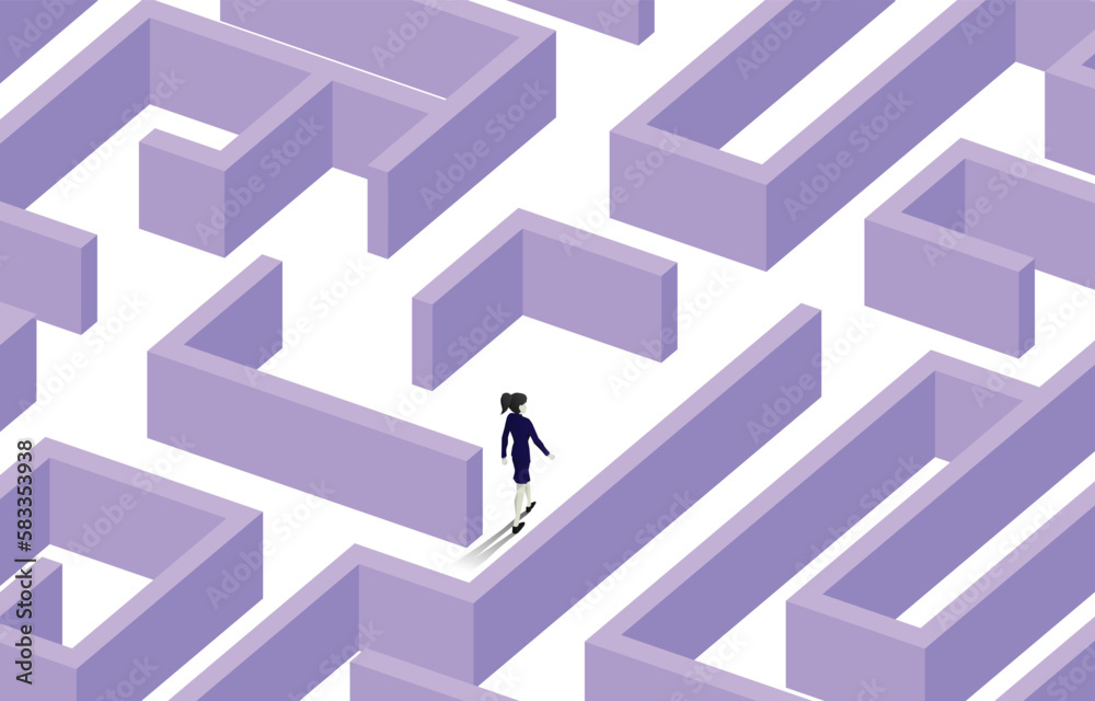 Poster silhouette of businesswoman walking at center of maze. business concept for problem solving and solu