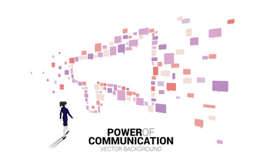 Silhouette of businesswoman walking with Big Megaphone from small bubble speech icon. Concept for power of comment and communication.