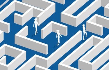 Silhouette of businessman and businesswoman walking at center of maze. Business concept for problem solving and solution strategy