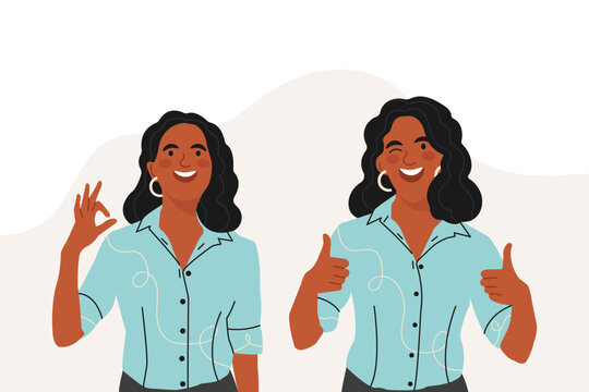 Smiling african american young woman gestures in Gratitude, positive Feedback. Acknowledgement and Gratitude. Flat vector illustration.