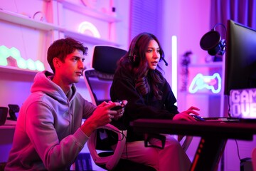 Asian pretty player girl and Caucasian streamer boy pay attention about playing video game together...