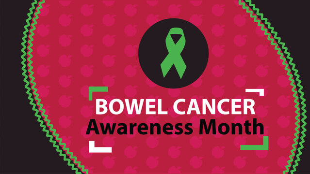 Bowel Cancer Awareness Month vector banner design with magenta, green and white colors, green ribbon symbol and apple icon pattern. Bowel Cancer Awareness concept. - Powered by Adobe