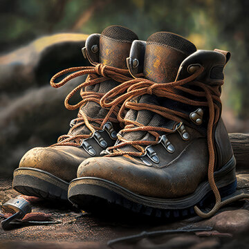 Pair of hiking boots on a rock, blur mountain landscape background. Generative AI	