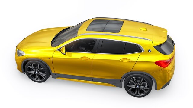 Berlin. Germany. March 16, 2023. BMW X2 20d Xdrive 2020. Yellow sports compact SUV car for family and adventure. 3d illustration.