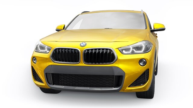 Berlin. Germany. March 16, 2023. BMW X2 20d Xdrive 2020. Yellow sports compact SUV car for family and adventure. 3d illustration.