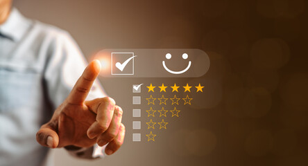 Man give five star with excellent experience rating review by select happy face icon