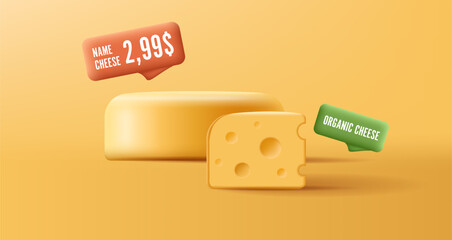 Head of cheese with a cut off piece on a yellow background 3d. Cheese advertising banner with price tag and organic product icon. Farm cheese products.