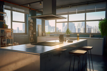 Kitchen in new luxury home with modern interior large bright window. Generative AI