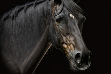Fototapeta na wymiar Portrait of a black horse isolated on black background. Generative AI