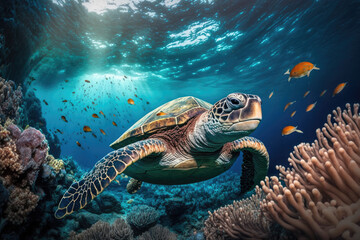 a turtle swims in the clean clear water. beautiful underwater world. Generative AI