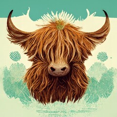 This illustration features a cute Highland cow pattern. Generate Ai - obrazy, fototapety, plakaty