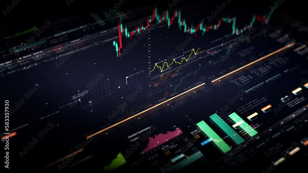 Fototapete Business stock market, trading, info graphic with animated graphs, charts and data numbers insight analysis to be shown on monitor display screen for business meeting mock up theme