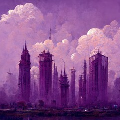 Fototapeta premium A world of purple buildings is seen in this image. Generate Ai