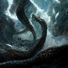 The image illustrates the final battle between Thor and Jormungandr, the Midgard Serpent. Generate Ai - obrazy, fototapety, plakaty