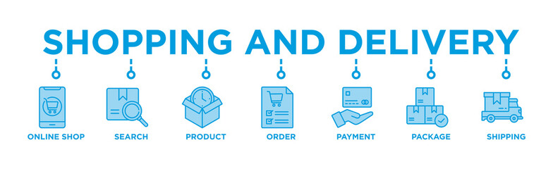 Shopping and delivery banner web icon vector illustration concept with icon of online shop, search, product, order, payment, shipping