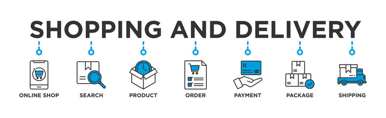 Shopping and delivery banner web icon vector illustration concept with icon of online shop, search, product, order, payment, shipping