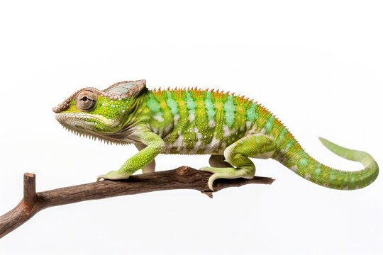 Macro closeup of isolated chameleon reptile sitting on branch, white studio lighting background, exotic lizard, nature wildlife, detailed skin texture - generative ai