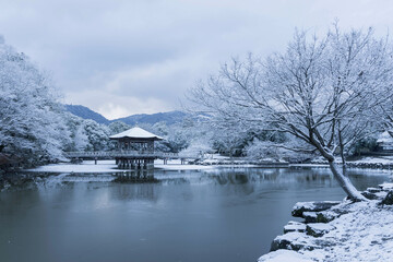 Fototapeta premium 奈良公園 雪の日の浮見堂 横位置 ２