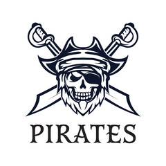 Skull pirates logo with retro style monochrome design.