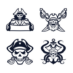 Skull pirates logo with retro style monochrome design.