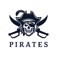 Skull pirates logo with retro style monochrome design.