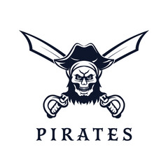 Skull pirates logo with retro style monochrome design.