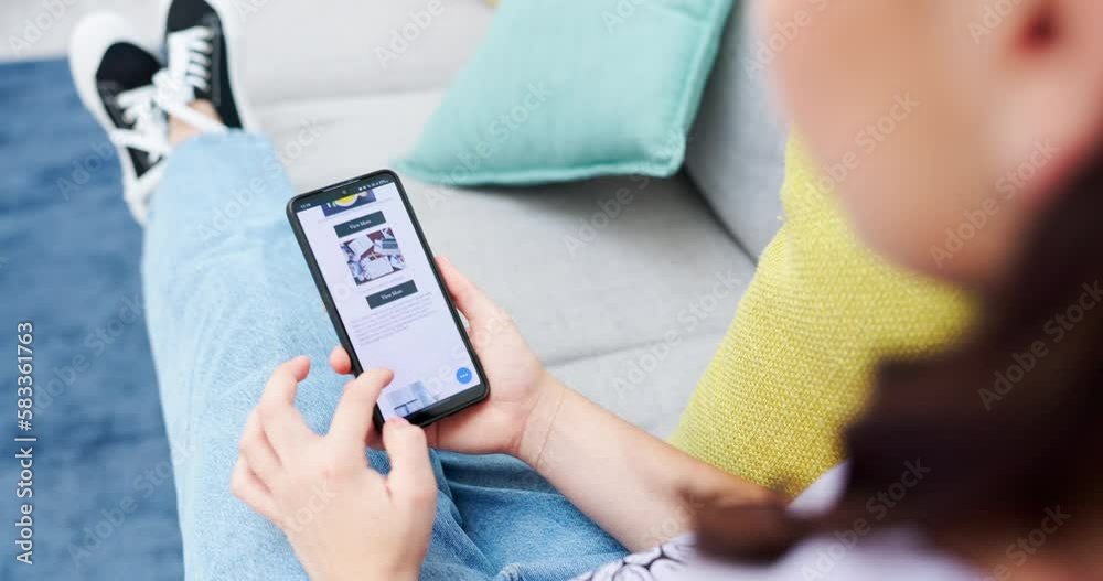 Poster woman, hands and browsing phone screen on homepage, website or mobile app for food delivery or order