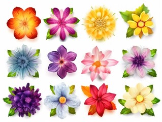 Set of different beautiful flowers isolated on white background. generative ai
