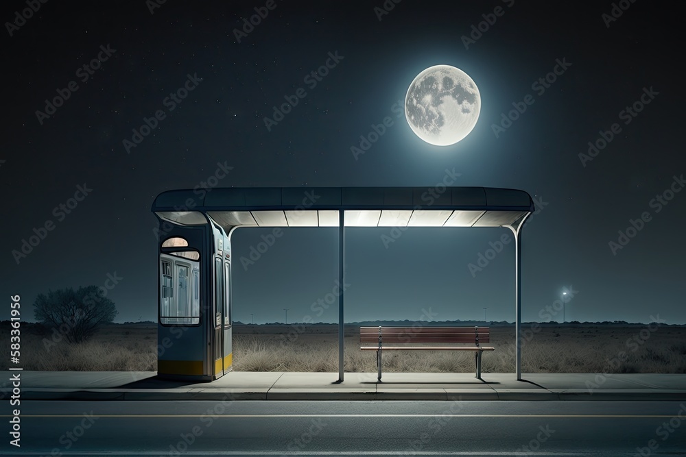 Sticker empty bus stop, with the distant sound of night traffic, and a full moon in the sky, created with ge