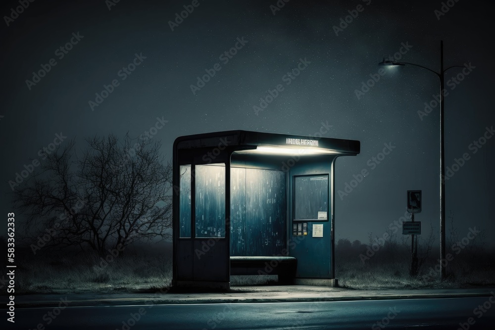 Sticker bus stop with no lights, surrounded by darkness and mysterious shadows, created with generative ai