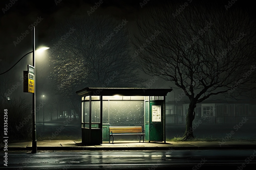 Poster a late-night bus stop, with a single bench and dim street lamp, created with generative ai