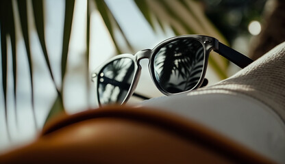 sunglasses in a plastic frame on a background of palm trees, reflected in glasses
