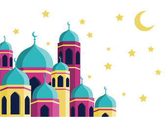 Colorfull Islamic Mosque With Moon and Stars In The Sky Vector