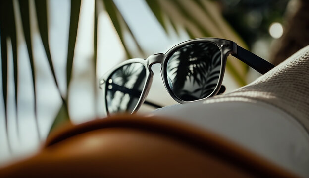 sunglasses in a plastic frame on a background of palm trees, reflected in glasses