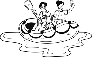 Obraz premium couple taking selfie on boat illustration in doodle style