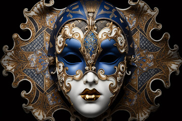 Fototapeta Amazing detailed Venetian mask design with gold golden metal. Festive Venice Italy traditional carnival mask. Ai generated obraz
