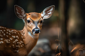 Adorable roe deer fawn  in forest.  Wildlife scene in nature. Digital ai art