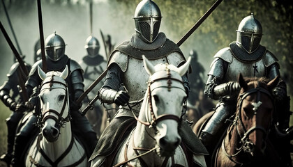 Mounted Medieval knights in armor and in a helmet with a sword in hands. digital ai art