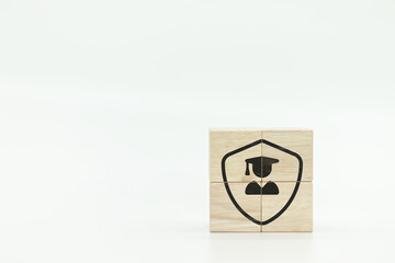 A simple graduation cap symbol inside a shield, drawn on a solitary wooden block against a white background.