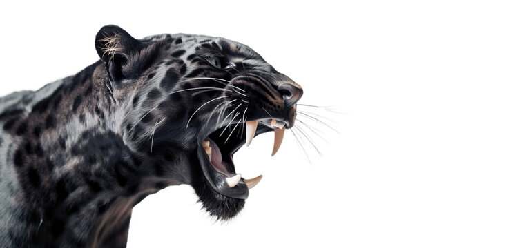Roaring black panther isolated of transparent background. PNG. Post-processed generative ai	