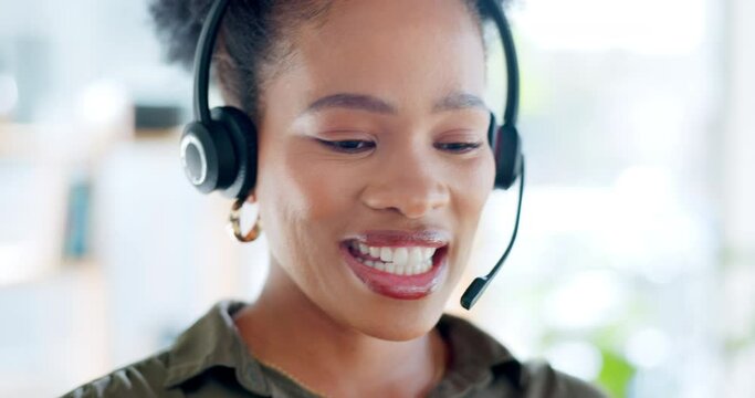 Crm, call center or friendly black woman speaking, helping or talking in communications company office. African crm, face or telemarketing sales agent explaining online in telecom customer services
