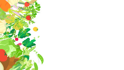 春野菜の背景フレーム。フラットなベクターイラスト。
Background frame of spring vegetables. Flat designed vector illustration.