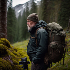 Obraz premium Photographer in the woods of norway