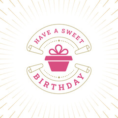 Happy birthday present paper roll vintage rays greeting card typographic template vector