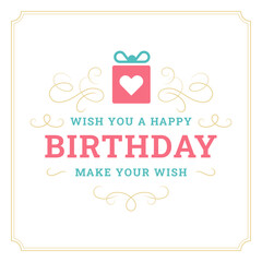 Happy birthday best wishes gift box ornate vintage greeting card typographic template vector flat