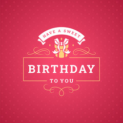 Happy birthday vintage gift box ribbon greeting card typographic template vector flat illustration