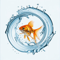 Water flowing and form a round frame around a goldfish