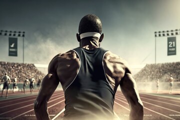 Man athlete in an outdoor stadium, rear view. Healthy young runner in sport outfit. Generative AI