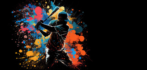 Baseball sport batting action colorful splash horizontal banner on black background copy space. Generative AI illustration - obrazy, fototapety, plakaty